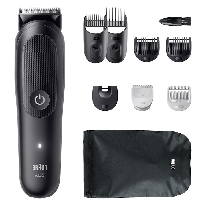 Aparat de tuns multifunctional Braun All-in-One Seria 5 AIO5540, 9-in-1, Lama ultra ascutita, 7 Piepteni,1 Perie curatare,1 Pieptene SkinGuard pentru corp, 1 Saculet, AquaGrip pentru control sub dus, Autonomie 120 minute, Negru Mat