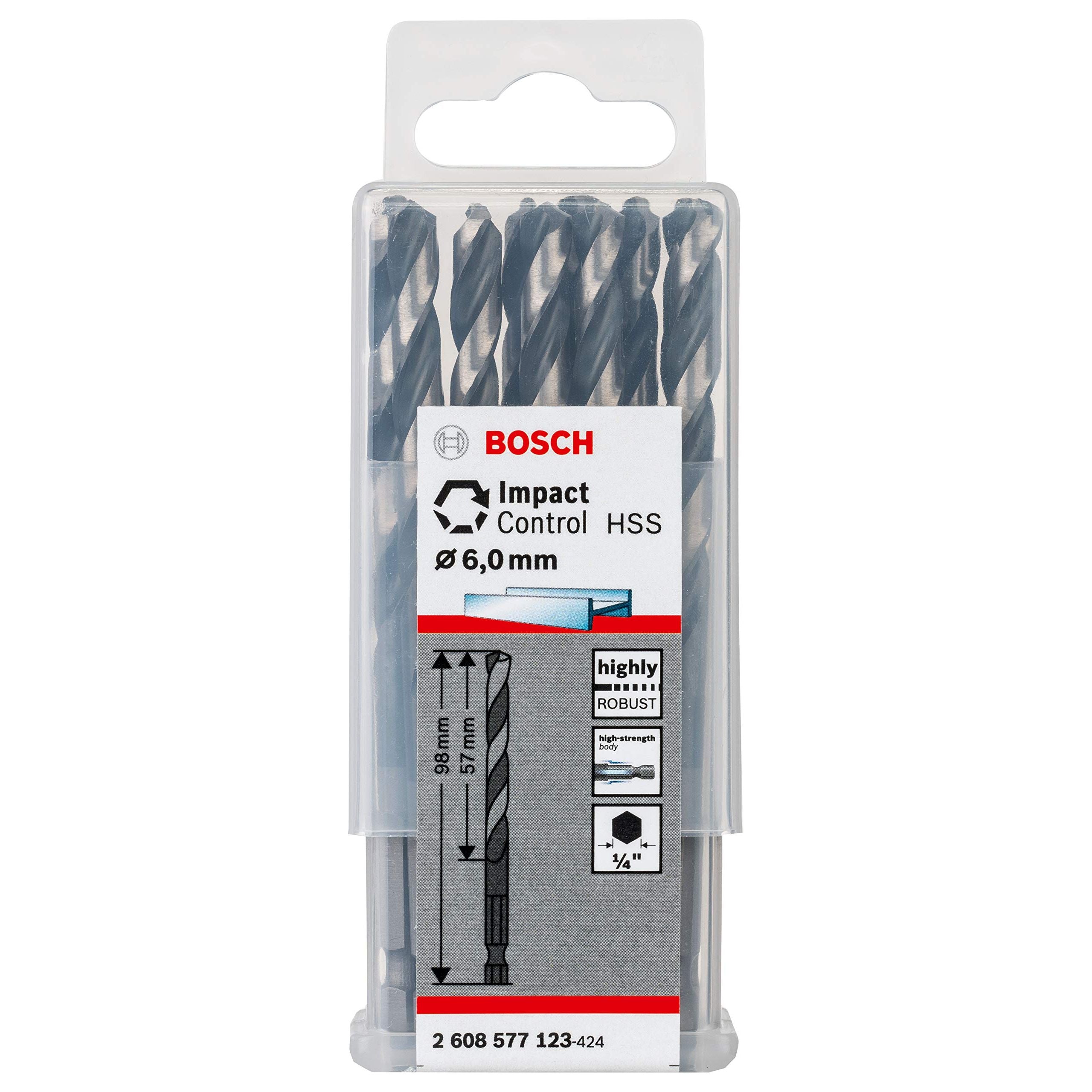 Set 10 burghie pentru metal, Bosch HSS Impact Control, 6 mm, tip bit 1/4"