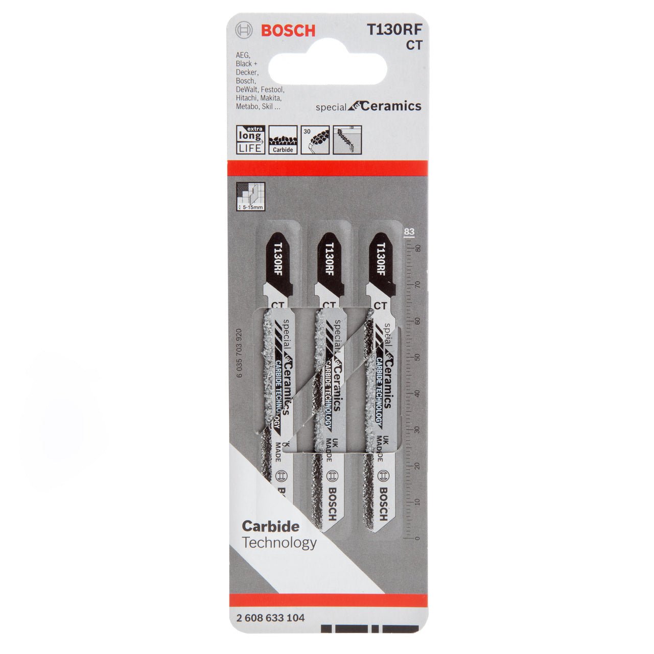 Set 3 panze ferastrau vertical, ceramica 5 - 15 mm, Special T130RF Bosch 83 mm