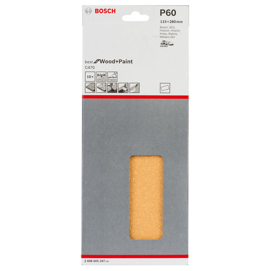 Set 10 foi abrazive, Bosch Best for Wood and Paint, 115x280mm, P60