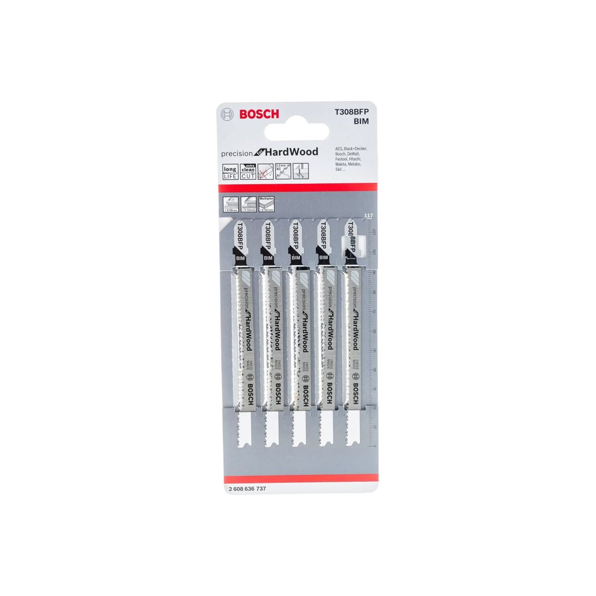 Set 5 panze pentru fierastrau pendular, Bosch T308BFP, Precision for Hard Wood 117mm, taiere lemn