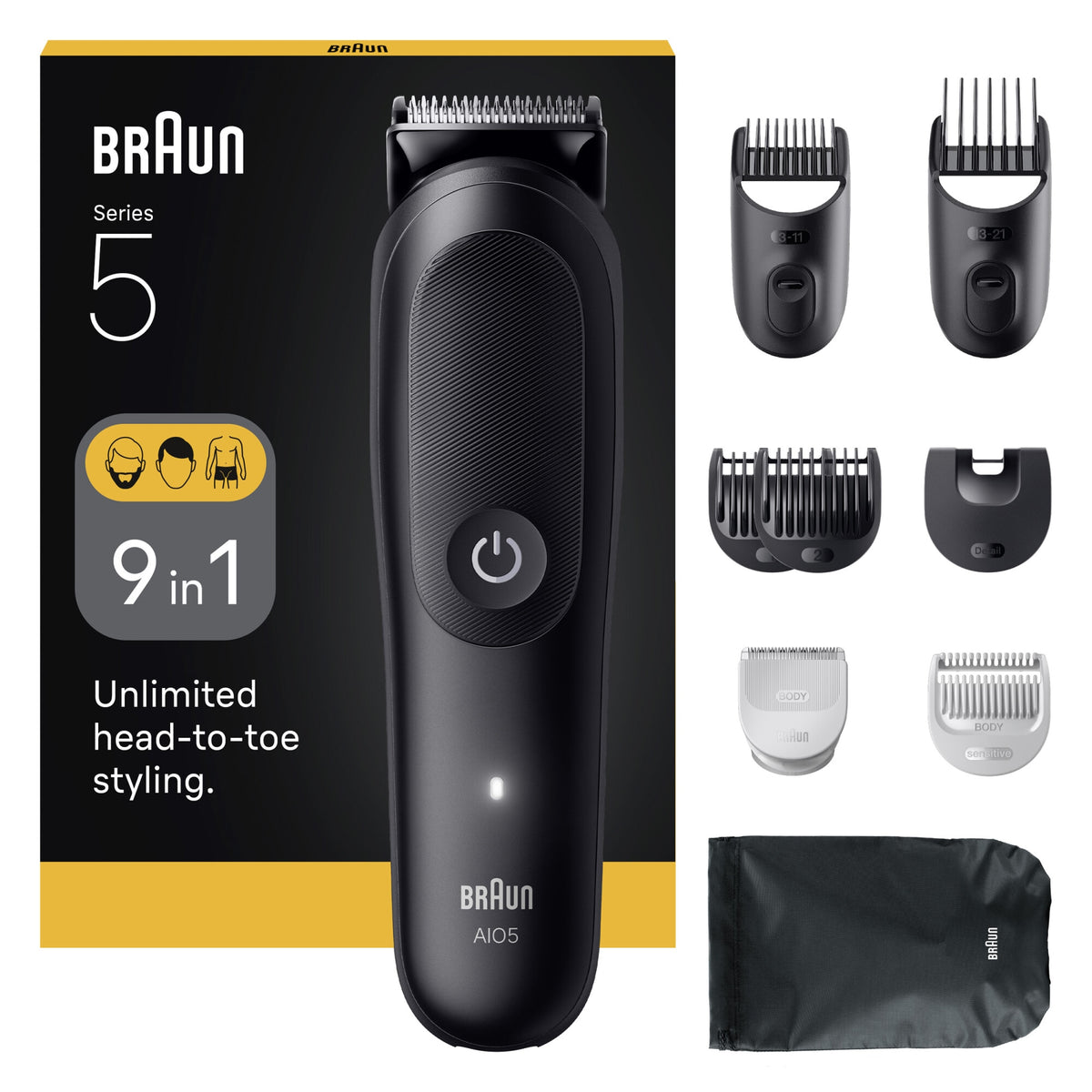 Aparat de tuns multifunctional Braun All-in-One Seria 5 AIO5540, 9-in-1, Lama ultra ascutita, 7 Piepteni,1 Perie curatare,1 Pieptene SkinGuard pentru corp, 1 Saculet, AquaGrip pentru control sub dus, Autonomie 120 minute, Negru Mat