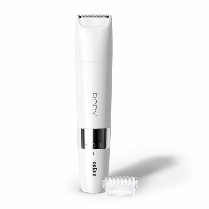 Mini aparat de tuns corporal Braun BS1000 Wet&Dry, cu pieptene de tuns, pe baterii, Alb