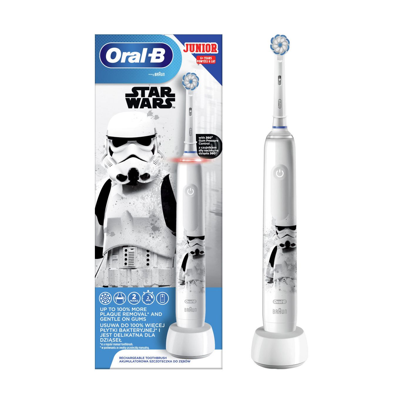 Periuta de dinti electrica Oral-B Star Wars pentru copii Junior 6+, rotire 360 grade, Curatare 3D, 2 programe, 2 capete