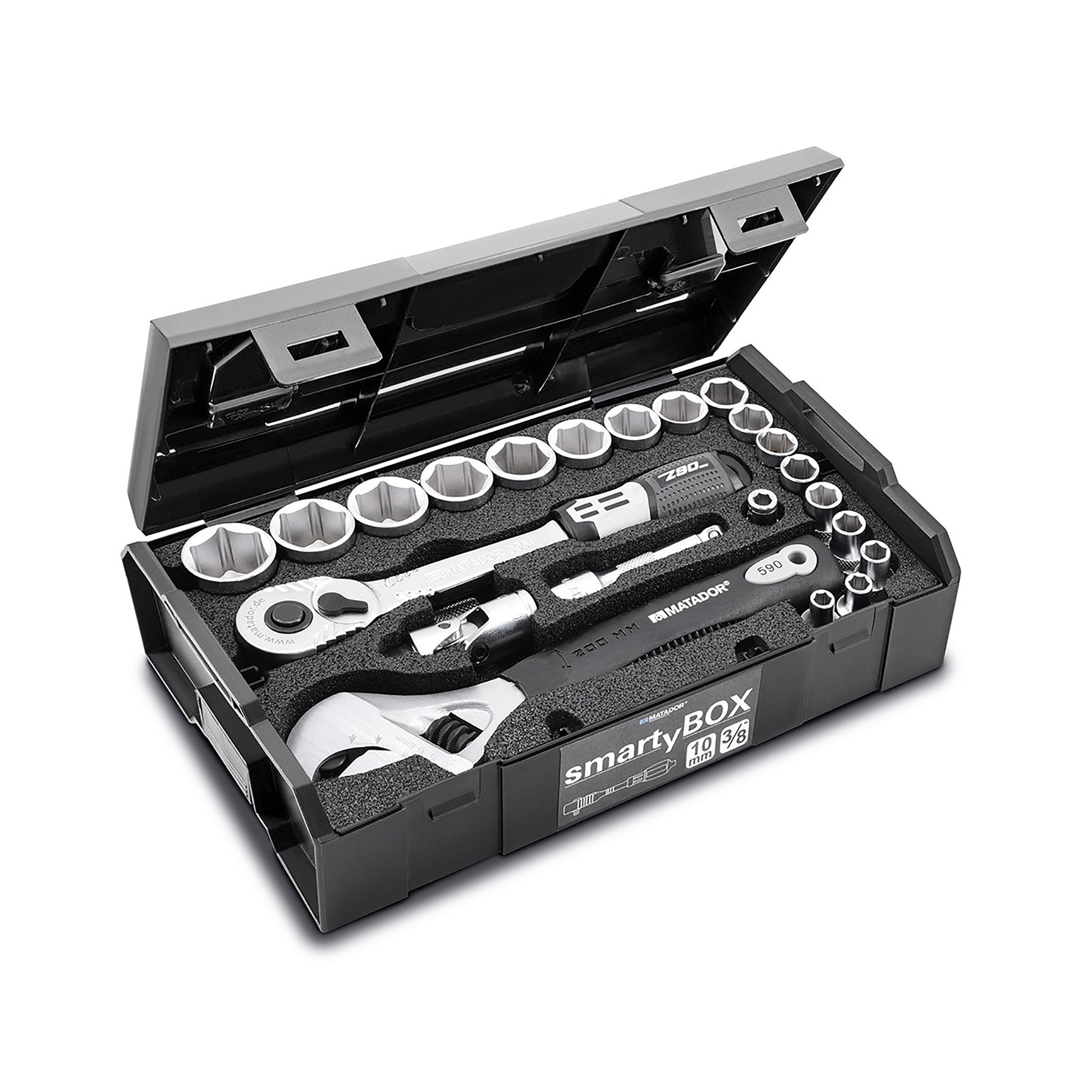 Trusa chei SmartyBox S2, MATADOR, din crom vanadiu, 25 piese, 90 dinti, cutie de plastic inclusa pentru protectie, 320 mm