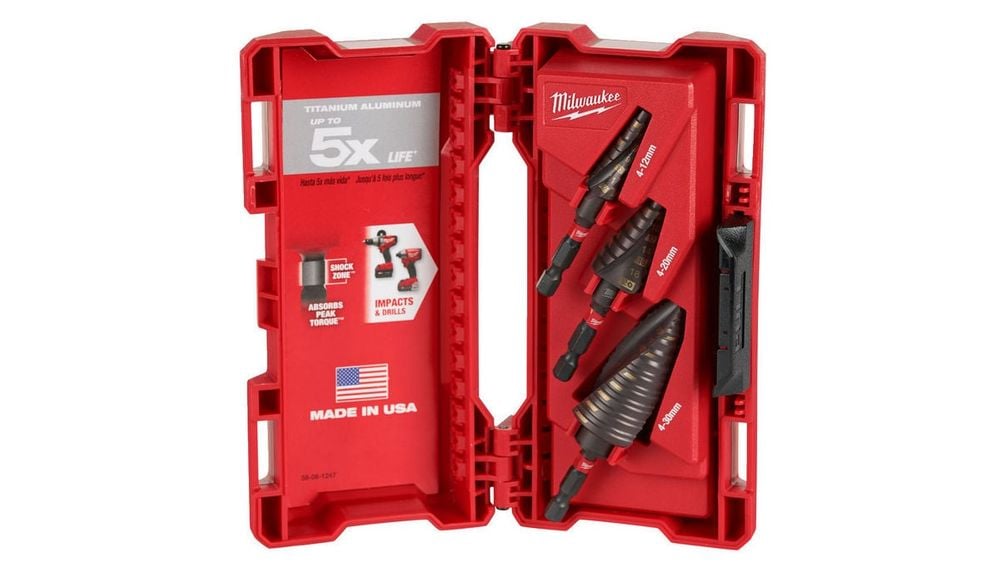 Set burghie Milwaukee, in trepte 4-12mm, 1.4-20mm, 4-30mm, 3 piese, canelura spiralata dubla, prindere Hex 1/4 inch Shockzone, 48899266