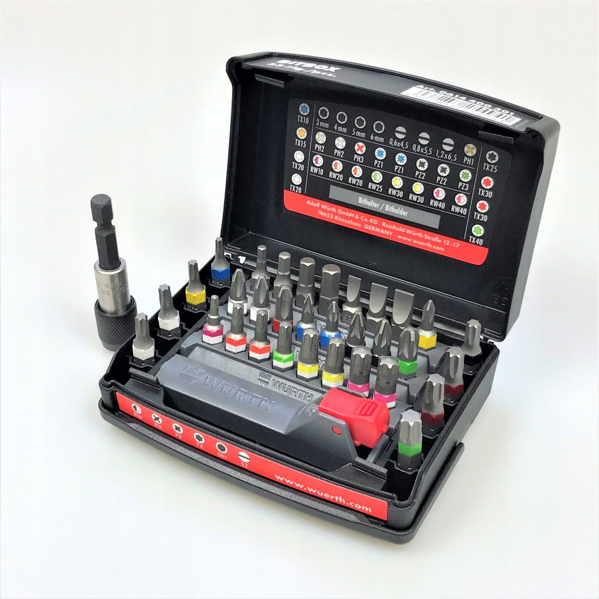 Set 33 accesorii WURTH 0614400301, biti, adaptor biti, in cutie cu clip fixare de curea, 25 mm lungime