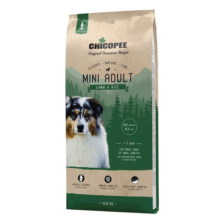 Hrana uscata pentru caini, Chicopee, Classic, Nature, Line, Mini Adult, Miel si Orez, 15 kg