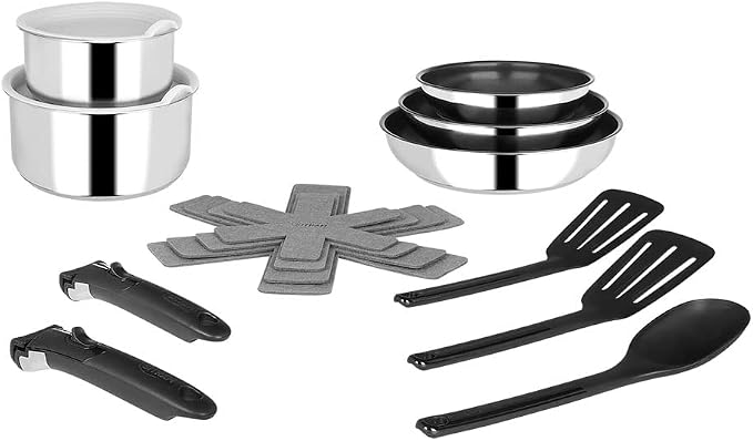 Sitram, Set de vase din oțel inoxidabil, 15 piese, 2 cratițe, 2 capace, 3 vârfuri din pâslă, 2 spatule, 1 lingură din nailon, 2 mânere detașabile, potrivit pentru toate sursele de căldură, inclusiv inducție 714690 Gri