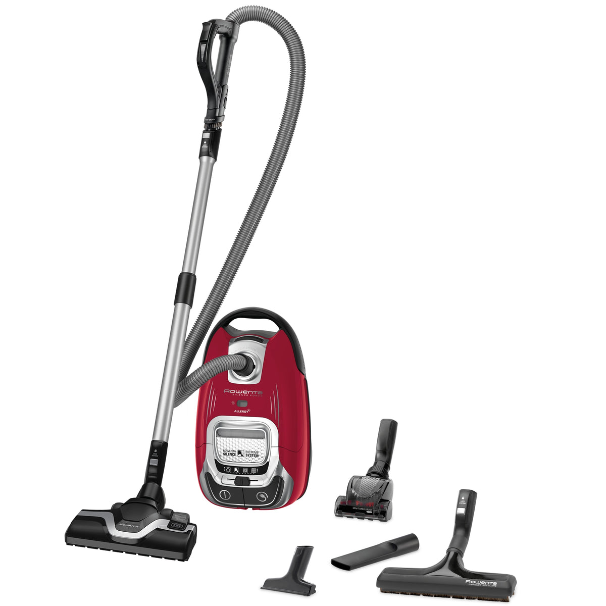 Aspirator cu sac Rowenta RO7473EA Silence Force Allergy+, 58Db, motor Effitech, 400W, cap de aspirare Power Air, sac Hygiene+, accesorii Animal Care, 3 niveluri de filtrare, recipient praf 4.5L, lungime cablu 8.4m, Rosu