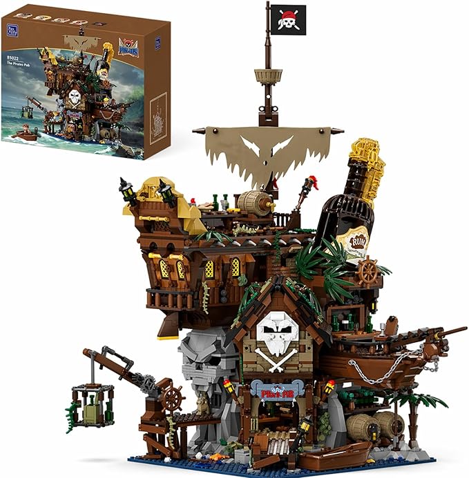 Kit de construcție PANTASY Pirate Pub – Terasă modulară cu arhitectură de tavernă cu epavă, bar cu terasă, sticlă de rom și figurine de pirați – Set creativ de afișare nautică pentru adulți și colecționari