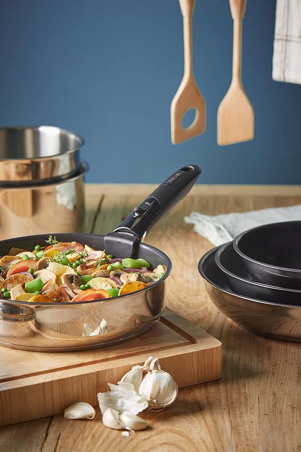 Sitram, Set de vase din oțel inoxidabil, 15 piese, 2 cratițe, 2 capace, 3 vârfuri din pâslă, 2 spatule, 1 lingură din nailon, 2 mânere detașabile, potrivit pentru toate sursele de căldură, inclusiv inducție 714690 Gri