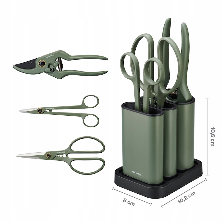 Set de unelte pentru ingrijirea plantelor, Fiskars, 3 piese, taietor, foarfece, foarfece de precizie, verde