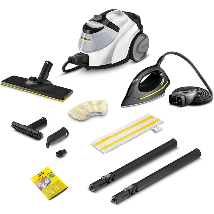 Aparat de curatat cu abur multifunctional Karcher SC 5 EasyFix Iron, 2250 W, 4.2 bar, rezervor 1.5 l, kit curatare podea, accesorii curatare suprafete multiple, pudra de decalcifiere, fier de calcat cu abur, 1.512-661.0, Alb/Negru