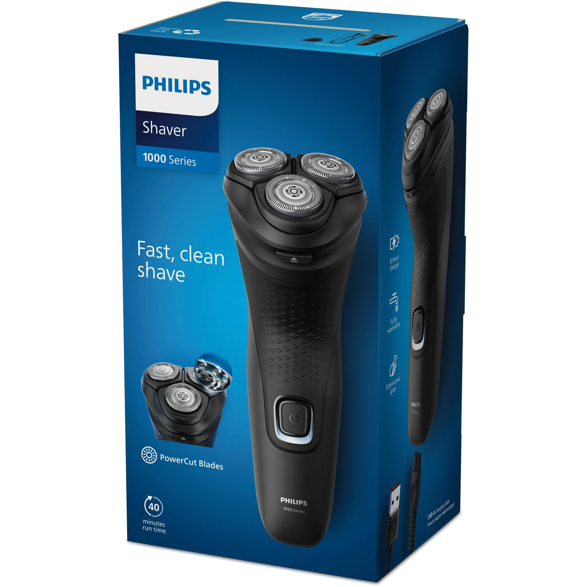 Aparat de ras PHILIPS Seria 1000 S1141/00, 3 capete rotative 4D Flex, lame PowerCut, ras umed&uscat, autonomie 40 min, maner ergonomic, capac de protectie, complet lavabil, negru
