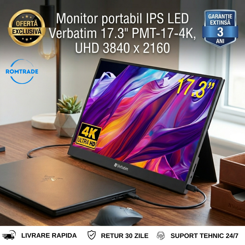 Monitor portabil IPS LED Verbatim 17.3" PMT-17-4K, UHD 3840 x 2160