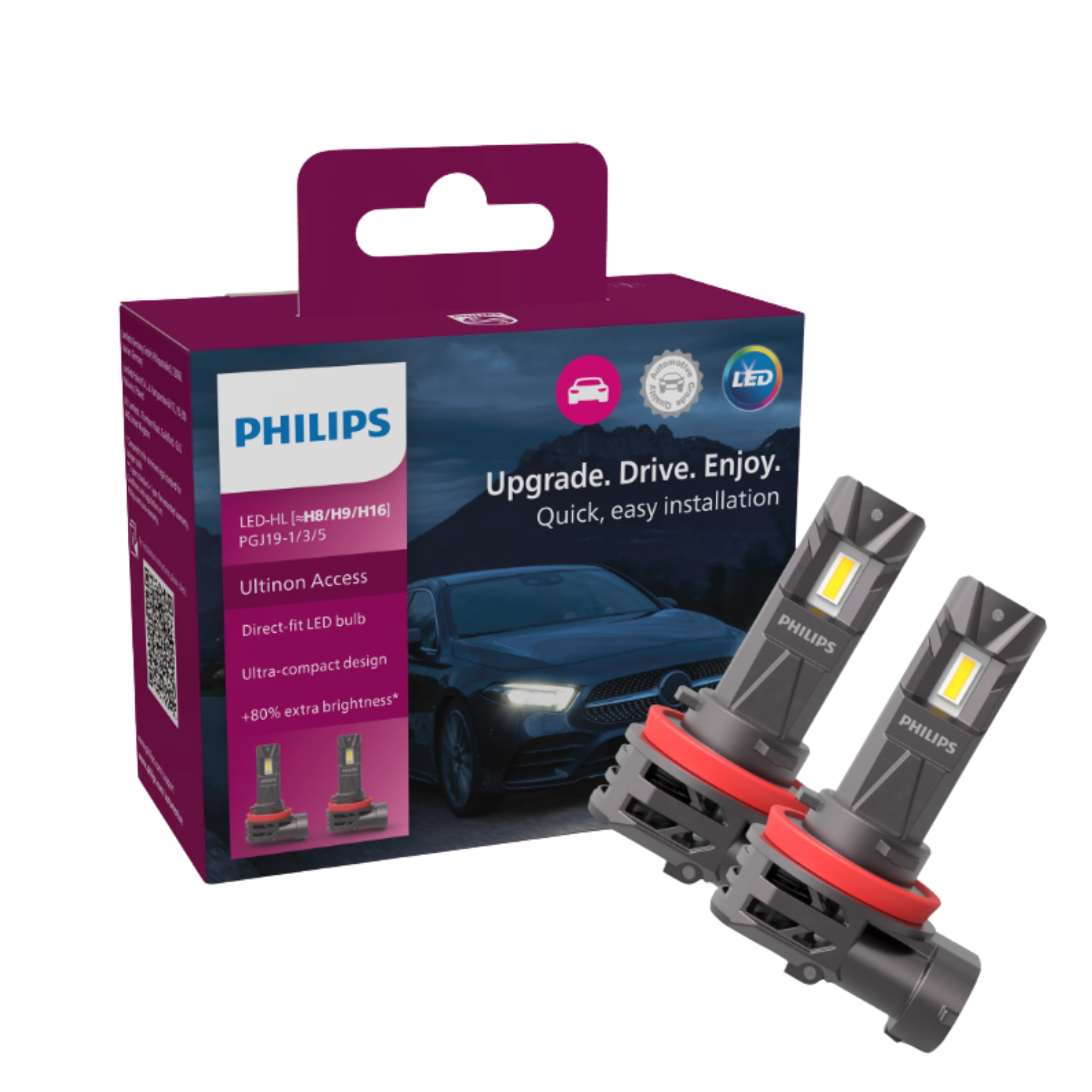 Set 2 Becuri PHILIPS LED H8/H9/H16 12V 6000K ULTINON ACCESS Duo Pack