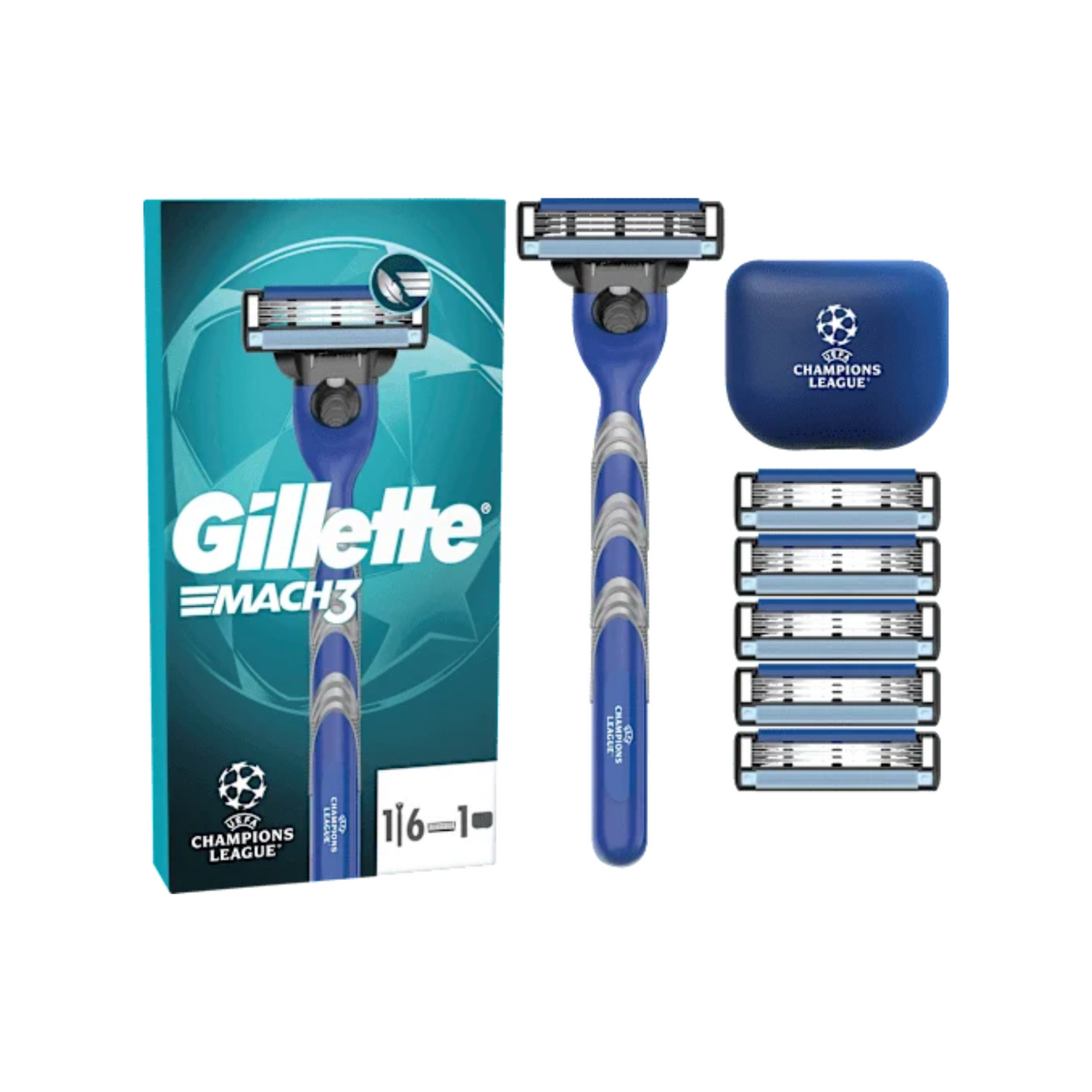 Aparat de ras pentru barbati Gillette Mach3, 6 rezerve, protectie rezerve, UEFA Champions League Special Edition