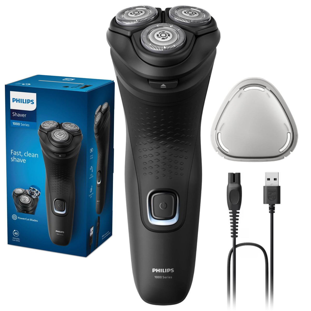 Aparat de ras PHILIPS Seria 1000 S1141/00, 3 capete rotative 4D Flex, lame PowerCut, ras umed&uscat, autonomie 40 min, maner ergonomic, capac de protectie, complet lavabil, negru