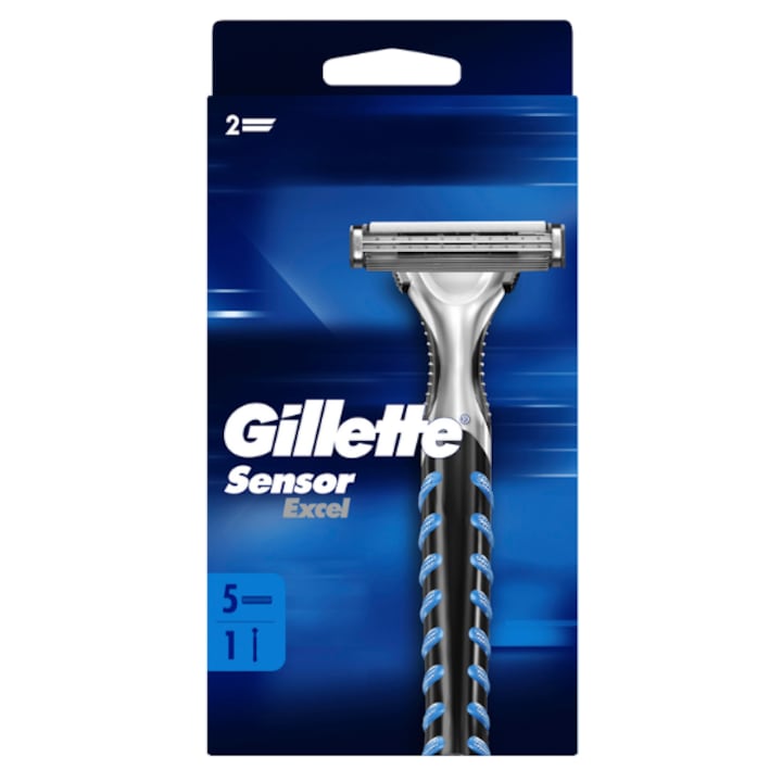 Aparat de ras Gillette Sensor Excel, set cu 5 wkladow, duble lame, microfibre, pentru o utilizare confortabila