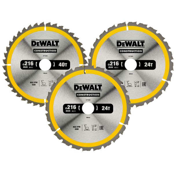 Set 3 discuri Dewalt DT1962 pentru fierastrau circular, 216 x 30 x 2.6 mm, 24 / 40 dinti T