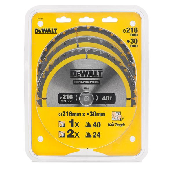 Set 3 discuri Dewalt DT1962 pentru fierastrau circular, 216 x 30 x 2.6 mm, 24 / 40 dinti T