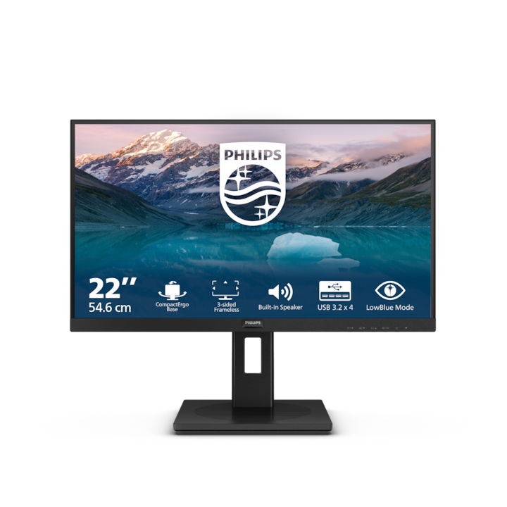Monitor Philips LED VA 22", FHD, 75Hz, 4ms GtG, HDMI, DP 1.2, FlickerFree, Pivot, USB hub, Negru, 222S9JML