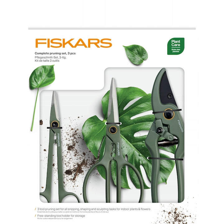 Set de unelte pentru ingrijirea plantelor, Fiskars, 3 piese, taietor, foarfece, foarfece de precizie, verde