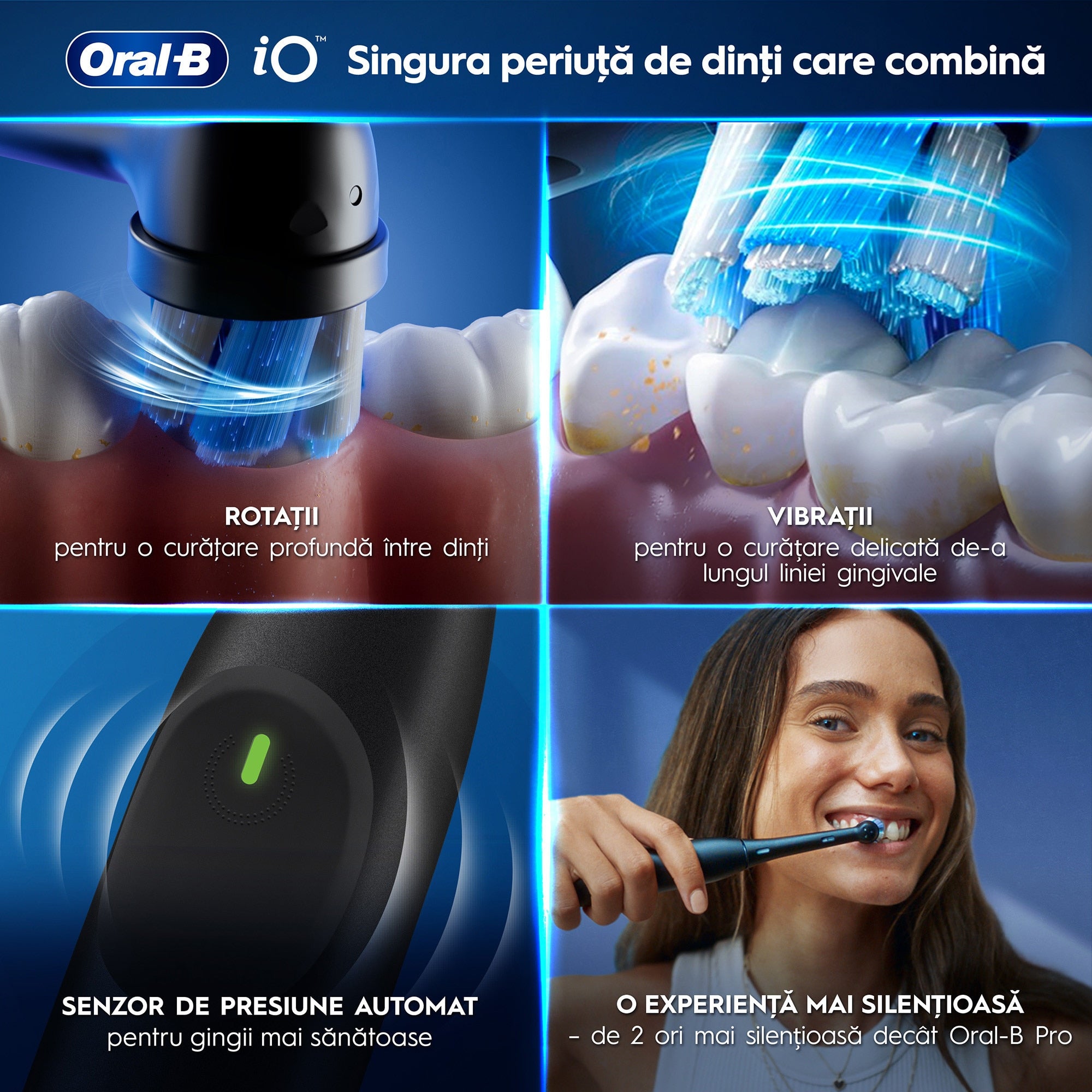 Set periuta de dinti electrica Oral-B iO2 + 3 capete de periaj cu 3 intensitati de periaj, Trusa de calatorie, Negru