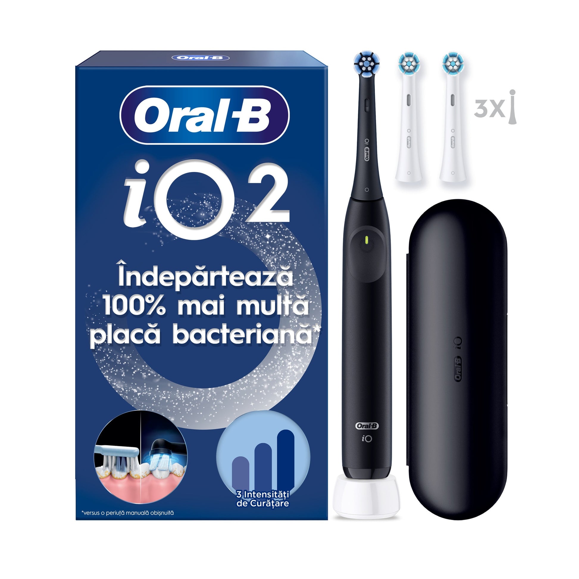 Set periuta de dinti electrica Oral-B iO2 + 3 capete de periaj cu 3 intensitati de periaj, Trusa de calatorie, Negru