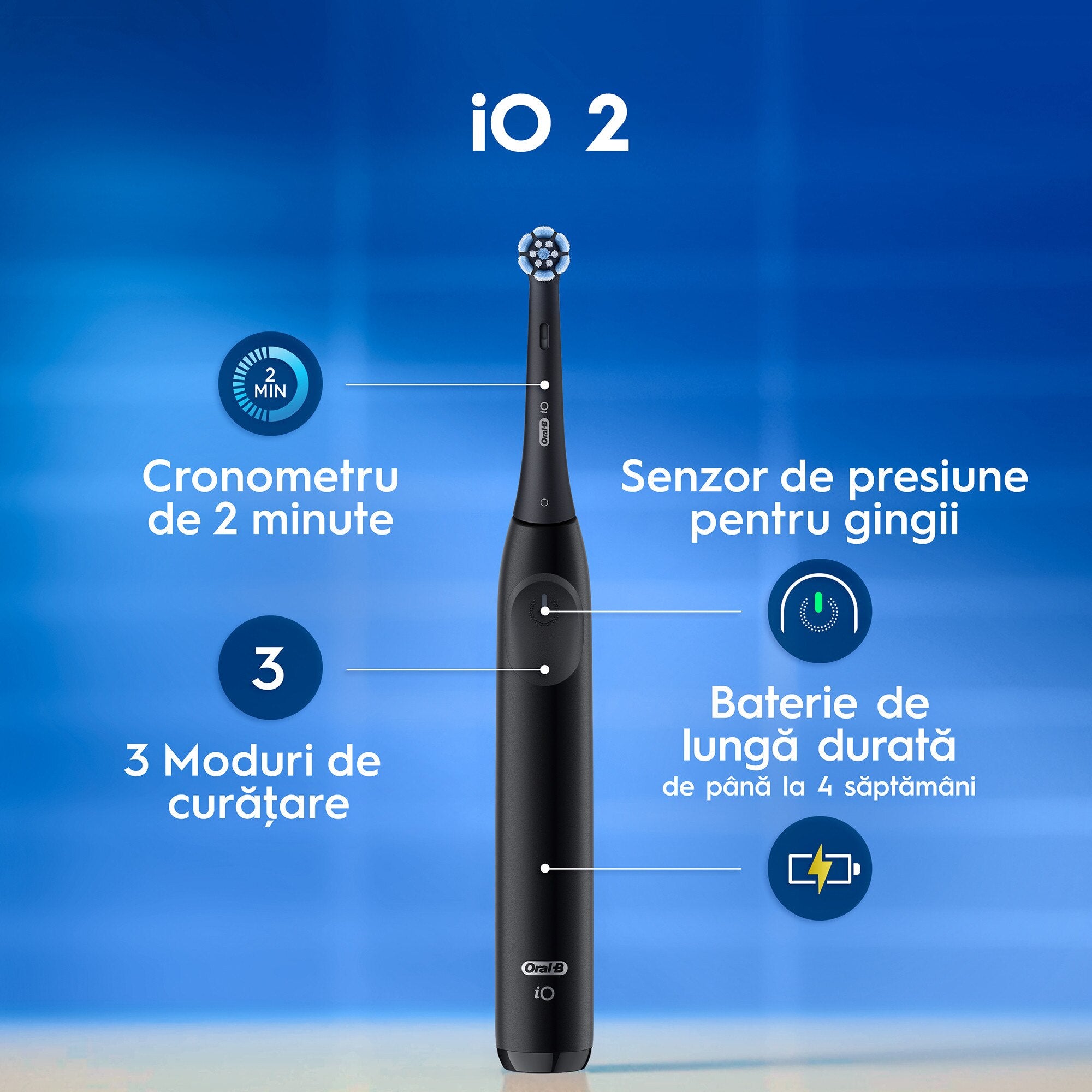 Set periuta de dinti electrica Oral-B iO2 + 3 capete de periaj cu 3 intensitati de periaj, Trusa de calatorie, Negru