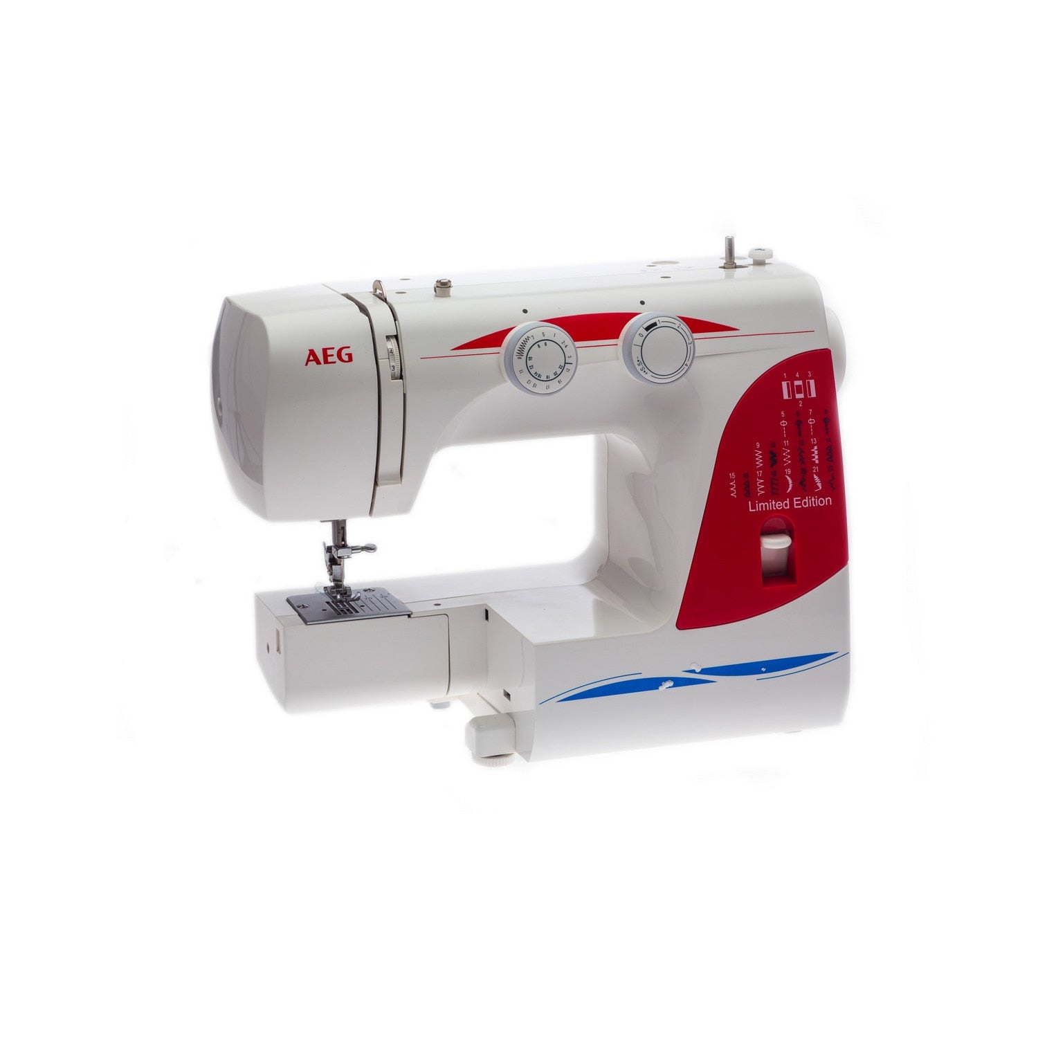Masina De Cusut Electromecanica AEG124 , 22 Cusaturi, Bobinare Rapida, Ac Dublu, Suveica Metalica, 850 imp/min, Alb-Rosu