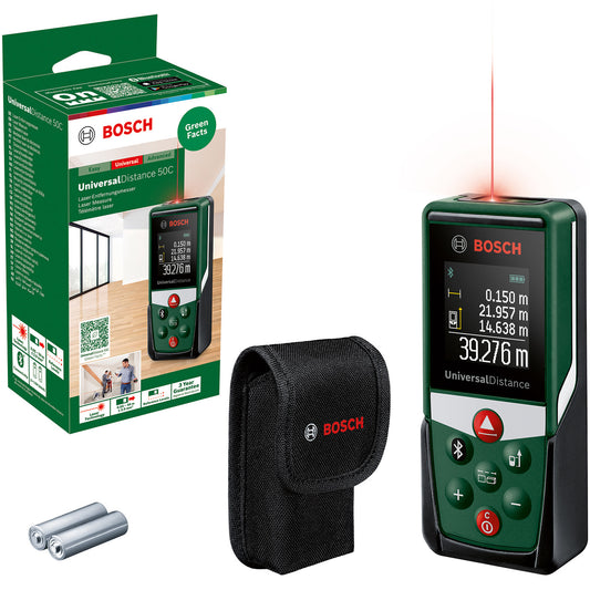 Telemetru Bosch UniversalDistance 50C 06036723Z0, masurarea precisa cu laser a distantelor de pana la 50 m, conectivitate bluetooth, masurare lungimi, suprafete si volume