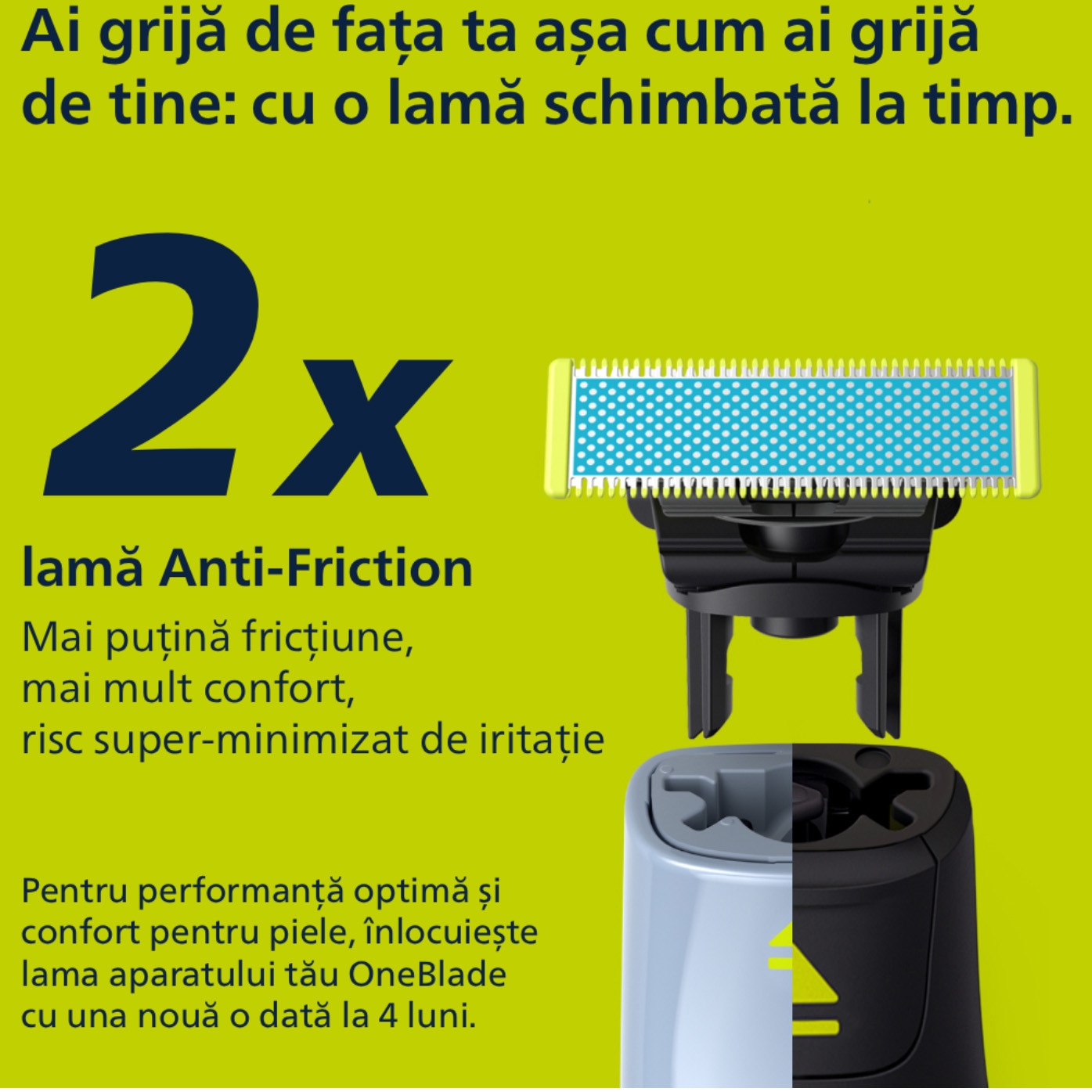 Rezerva PHILIPS OneBlade QP225/50, pentru piele-ultra sensibila, otel inoxidabil, umed si uscat, kit 2 lame, pentru orice model PHILIPS OneBlade si OneBladePro, Verde