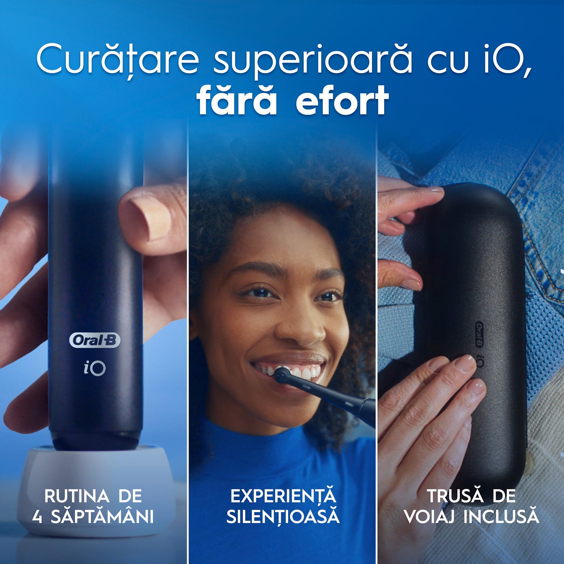 Set periuta de dinti electrica Oral-B iO2 + 3 capete de periaj cu 3 intensitati de periaj, Trusa de calatorie, Negru