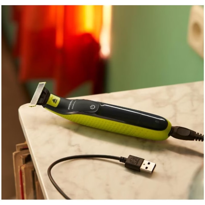 Aparat de tuns barba si parul corporal Philips OneBlade QP2724/14, reincarcabil, 45 min, husa, Verde Lime