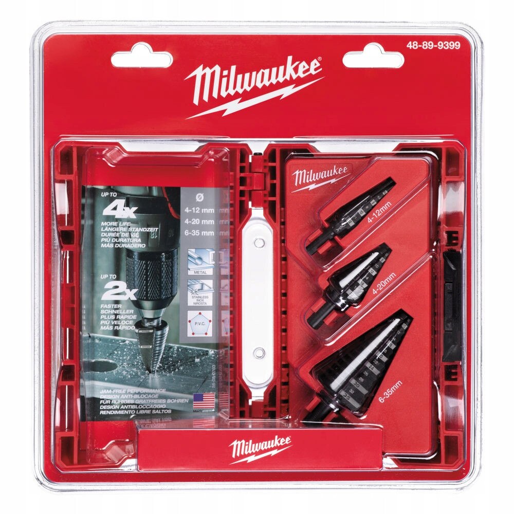 Set 3 burghie treptate Milwaukee 48899399, cu varf Rapid Strike, suprafata oxidata, rosu, 4-12/4-20/6-35 mm