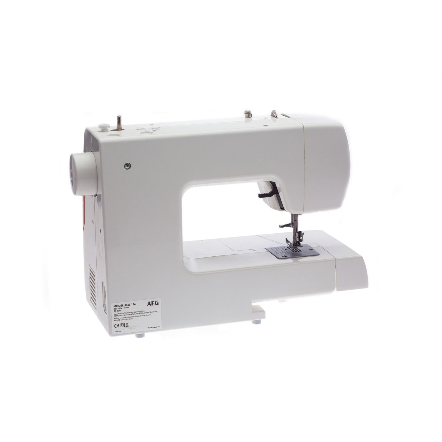 Masina De Cusut Electromecanica AEG124 , 22 Cusaturi, Bobinare Rapida, Ac Dublu, Suveica Metalica, 850 imp/min, Alb-Rosu