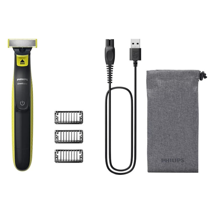 Aparat de tuns barba si parul corporal Philips OneBlade QP2724/14, reincarcabil, 45 min, husa, Verde Lime
