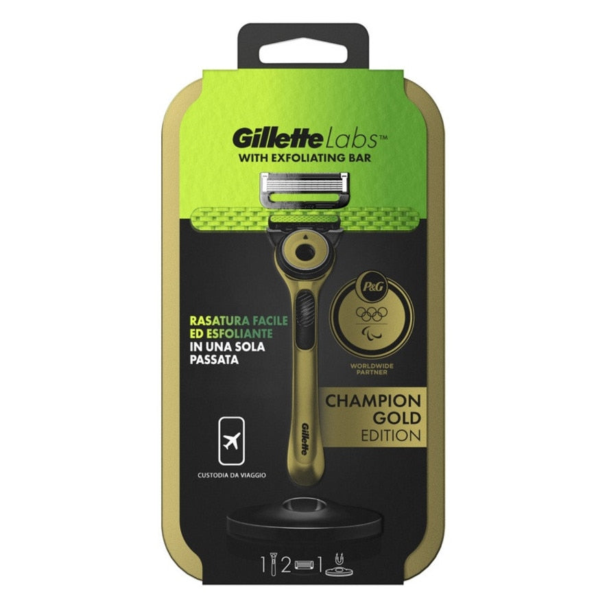 Aparat de ras Gillette Labs Champion Gold Edition, 2 rezerve, suport magnetic, include si cutie calatorie