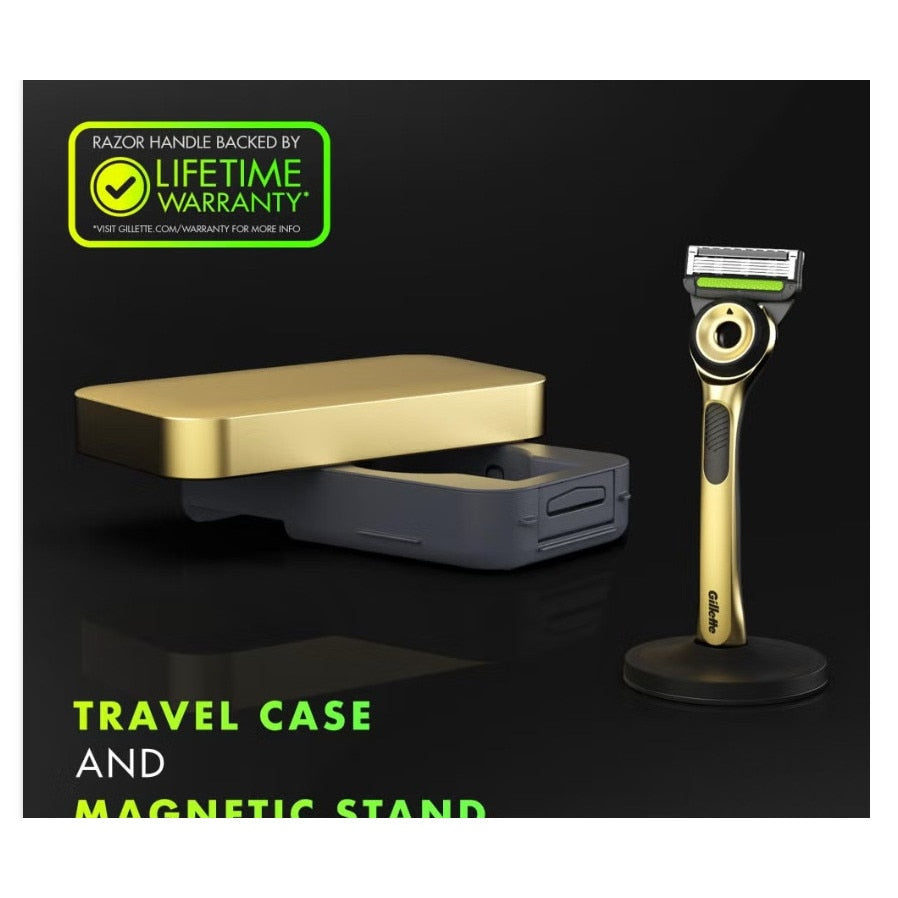 Aparat de ras Gillette Labs Champion Gold Edition, 2 rezerve, suport magnetic, include si cutie calatorie