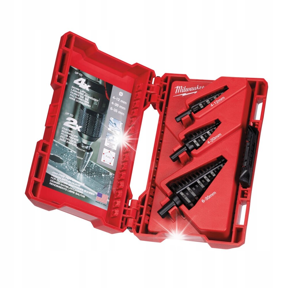 Set 3 burghie treptate Milwaukee 48899399, cu varf Rapid Strike, suprafata oxidata, rosu, 4-12/4-20/6-35 mm