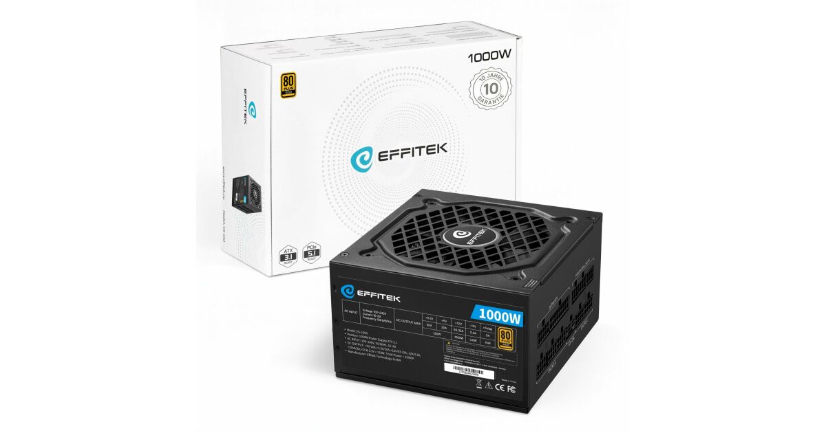 Sursă de alimentare EFFITEK 1000W Gold ATX 3.1, PCI 5.1 Cabluri modulare